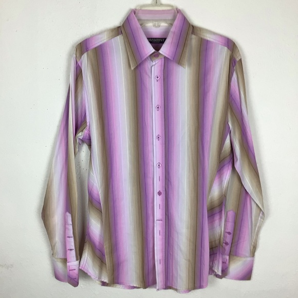 Dragonfly retro vibe men’s button down L/S striped shirt in purples and tans-Med - Picture 2 of 11